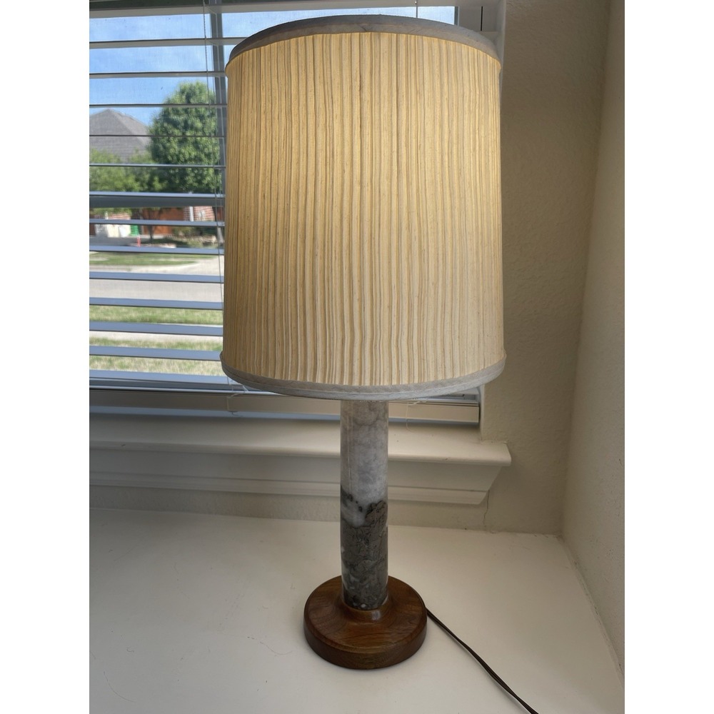 Vintage MCM Marble / Granite Lamp With Wood Base & Lamp Shade